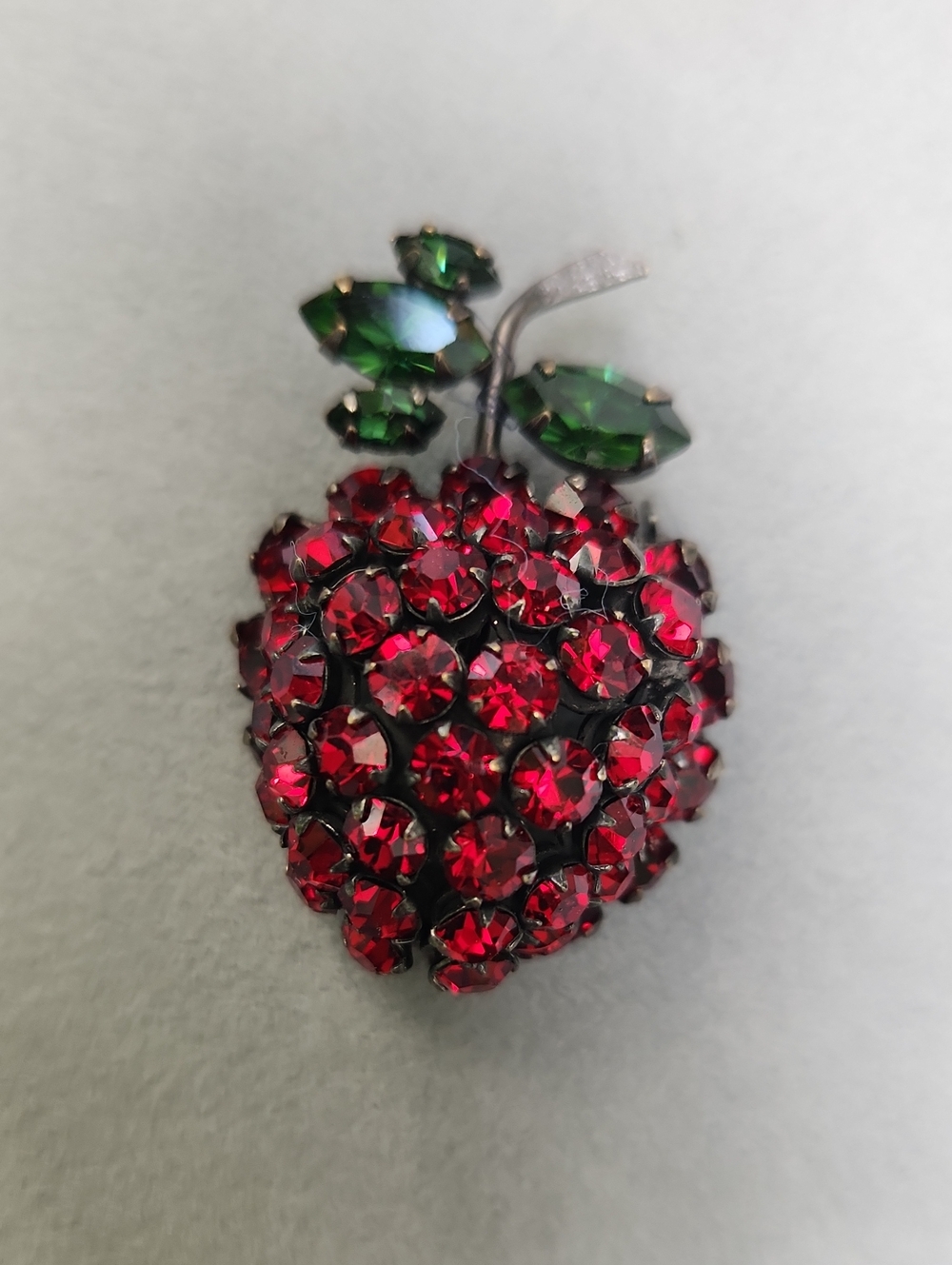 Schreiner Red Crystal Strawberry Brooch with Green Leaf Accents - Women Jewelry